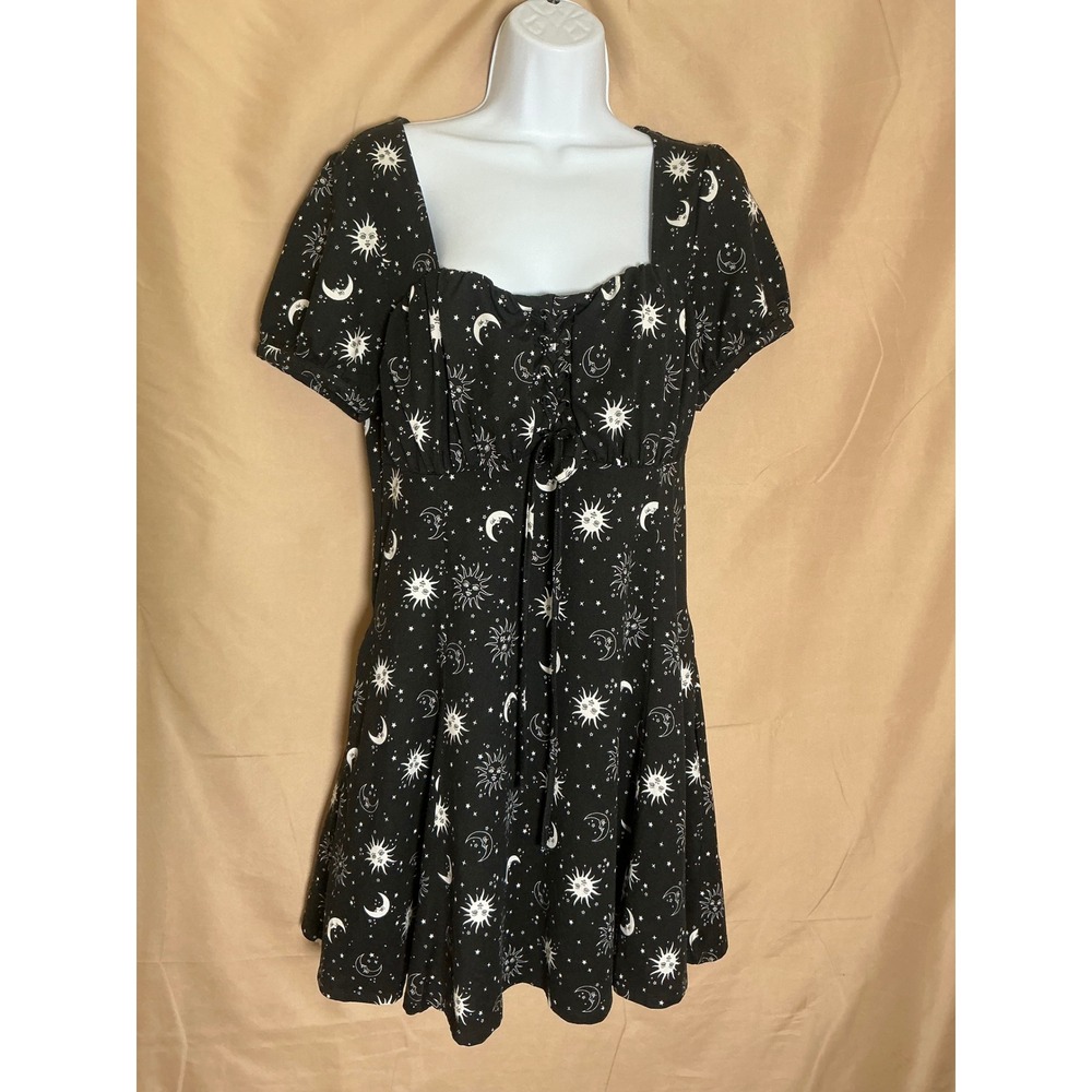 Hot Topic Celestial Mini Dress Womens MD Black Excellent Sun Moon Lace Up Gothic